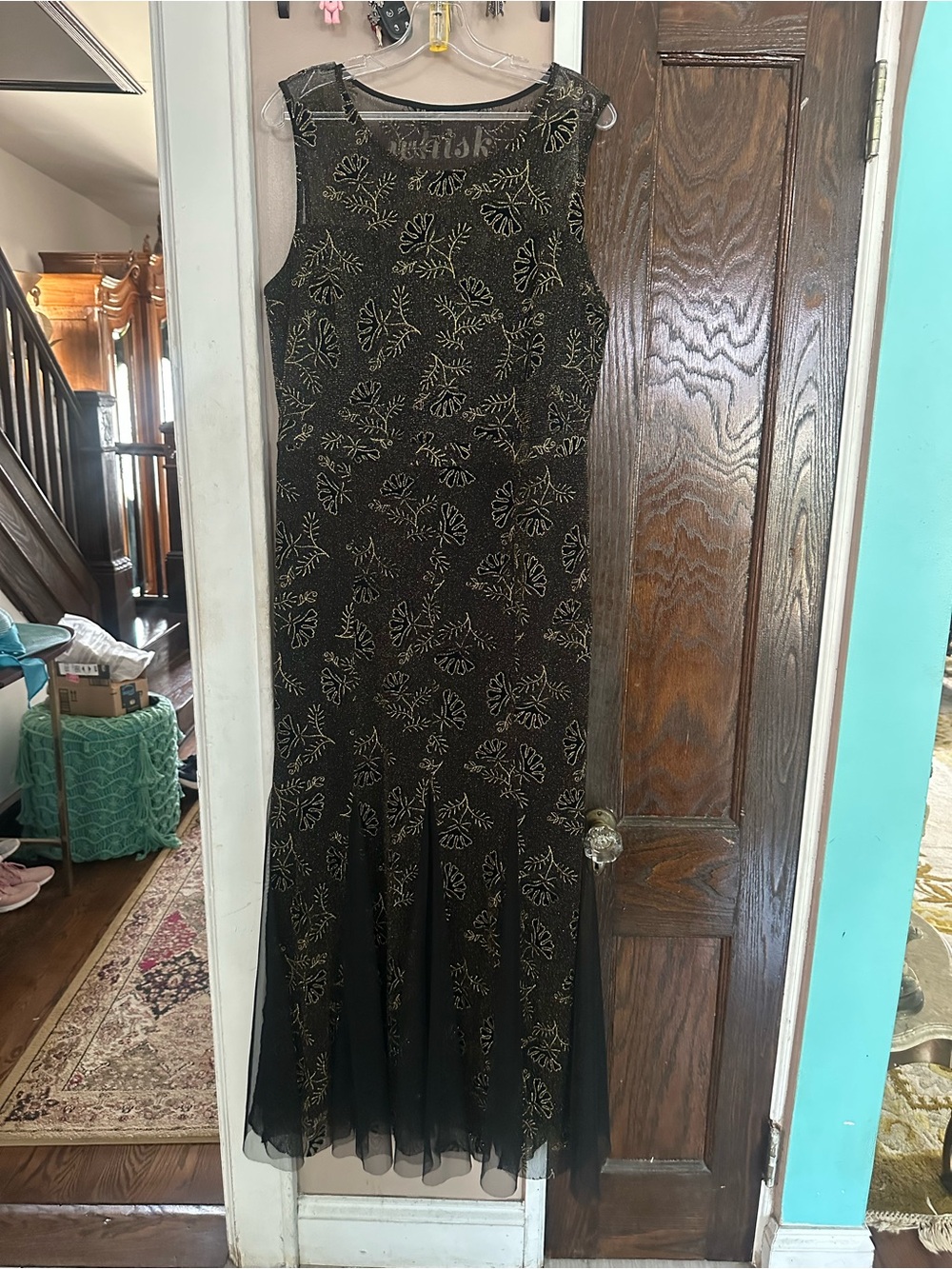 Black Maxi Dress with Gold Leaf Embroidery and Tulle Hem
